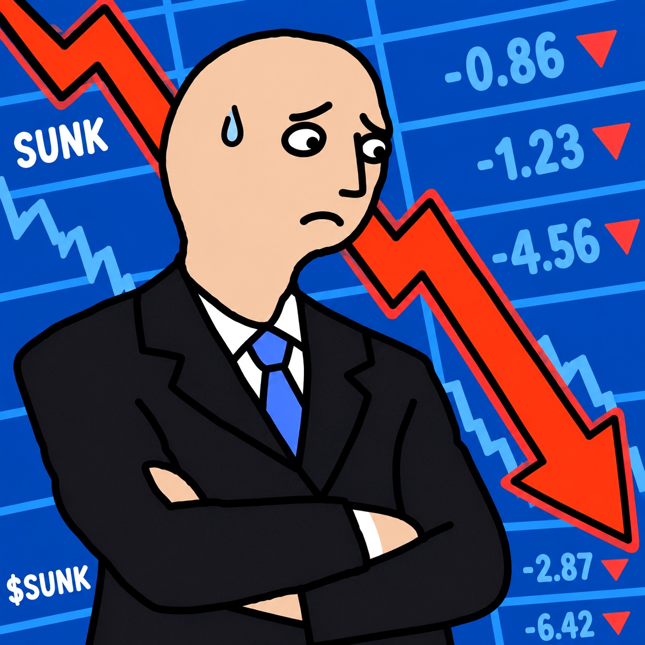 SUNK — bald man in a black suit, blue tie, crossed arms, sweating in front of a crashing stock chart